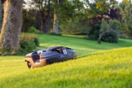 robot de tonte Husqvarna gris et noir en train de tondre dans une pente prononcée
