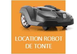 logo orange allain paysage pour la location de robot de tonte avec en fond un robot de tonte Husqvarna noir