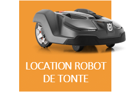 logo orange allain paysage pour la location de robot de tonte avec en fond un robot de tonte Husqvarna noir